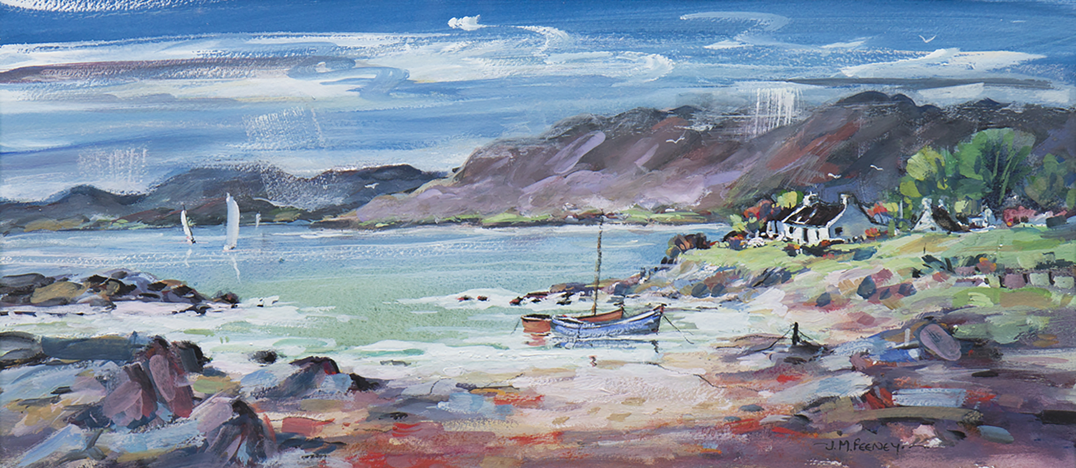 * JEAN FEENEY, PLOCKTON II mixed media, signed 21cm x 47.