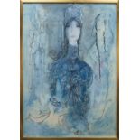 MAIE E JARVIE, LADY IN BLUE watercolour on paper, signed 74cm x 51cm Mounted,