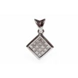 EIGHTEEN CARAT WHITE GOLD PENDANT of square form and with channel set princess cut diamonds