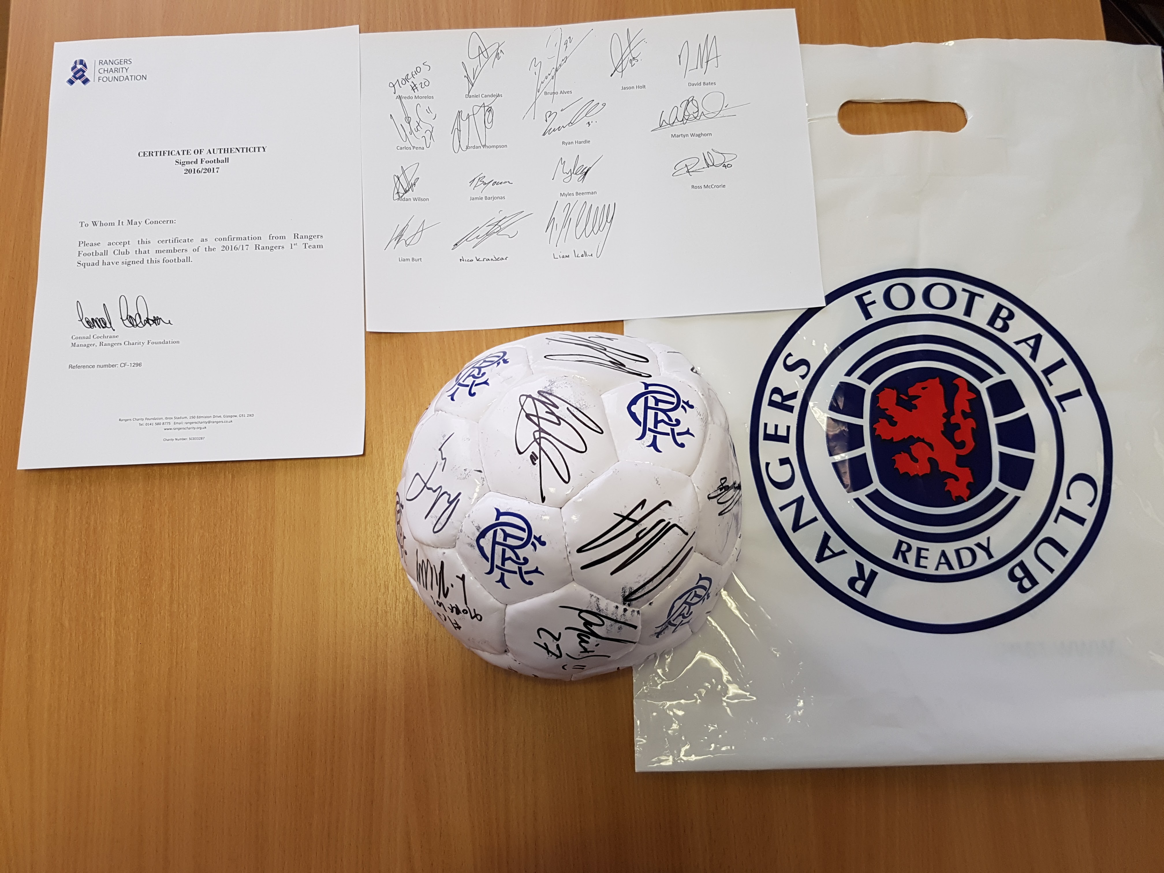 SIGNED RANGERS BALL with certificate of authentication and sheet of player signatures