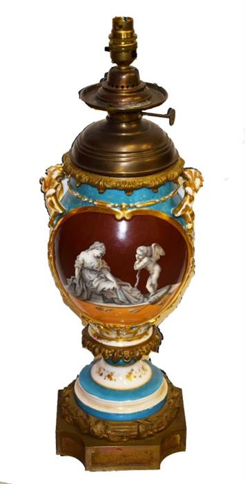 A FRENCH PORCELAIN AND BRASS-MOUNTED OIL LAMP, converted for electricity, the baluster vase shaped - Image 2 of 4