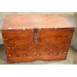 A MIDDLE EASTERN STAINED ELM AND BRASS BOUND DOWRY CHEST, the interior with a series of arches and a