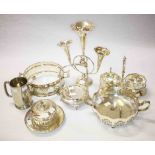 A GLASS BOWL WITH SILVER PLATED MOUNTS; a two compartment plated sugar and cream set; a triple