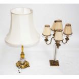 A FIVE BRANCH BRASS AND GLASS TABLE LAMP, 25'''' (64cm); together with another brass lamp with cream