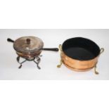 A LARGE SILVER PLATED FOOD WARMER, with cover and two wooden handles, raised on four cabriole