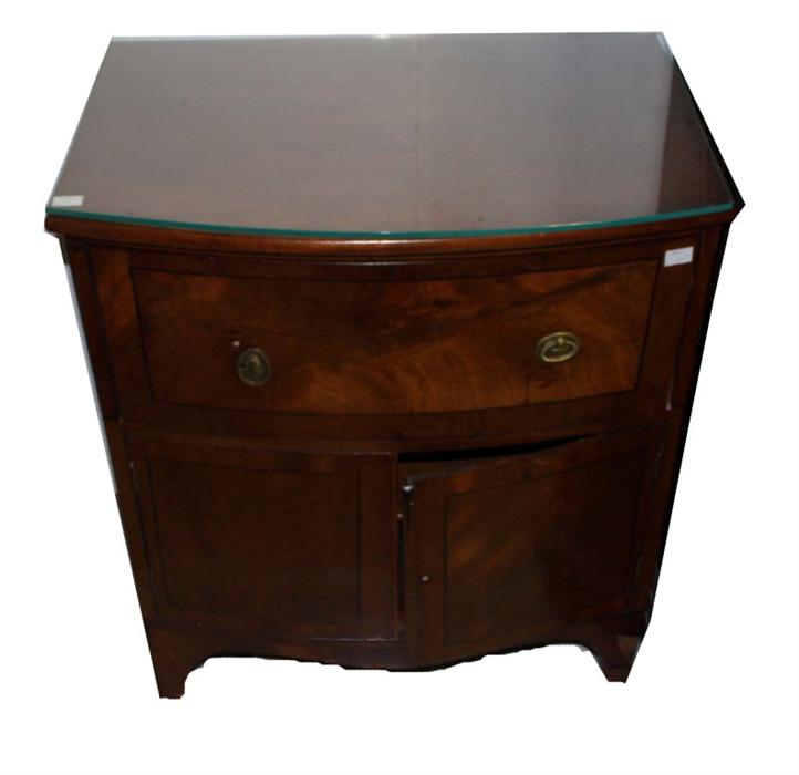 A BOW-FRONTED EBONY STRUNG MAHOGANY BEDSIDE COMMODE, adapted, now with a frieze drawer and two doors - Image 2 of 4