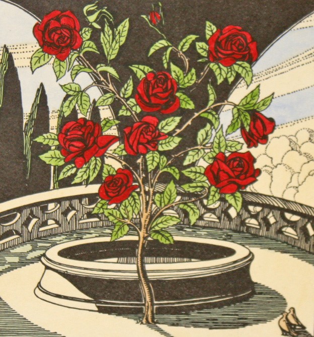 A CUALA PRESS HAND COLOURED PRINT, The Rose Tree, after a drawing by Harry Kernoff R.H.A., 6'' (