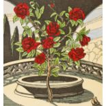 A CUALA PRESS HAND COLOURED PRINT, The Rose Tree, after a drawing by Harry Kernoff R.H.A., 6'' (