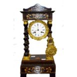 AN ATTRACTIVE INLAID AND EBONIZED FRENCH PORTICO MANTEL CLOCK, the circular enamel dial with Roman