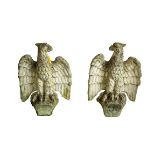 A LARGE PAIR OF NICELY WEATHERED COMPOSITION STONE EAGLE PILLAR ORNAMENTS