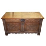 AN 18TH CENTURY OAK PLANK-TOP COFFER CHEST,