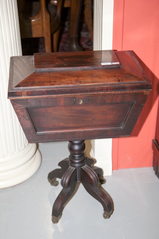 A WILLIAM IV PERIOD MAHOGANY CASKET-SHAPED TEAPOY