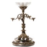 A LARGE HEAVY 19TH CENTURY SILVER-PLATE FIVE-BRANCH EPERGNE OR CENTERPIECE