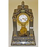 A 19TH CENTURY FRENCH EMPIRE EBONIZED BRASS AND MOTHER O' PEARL INLAID PORTICO CLOCK