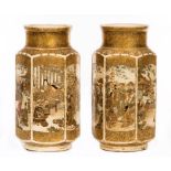 A PAIR OF TALL MEIJI PERIOD HEXAGONAL SATSUMA PORCELAIN VASES