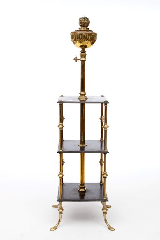 A THREE-TIER TUBULAR BRASS TELESCOPIC STANDARD LAMP