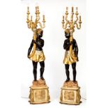 A GOOD PAIR OF EBONISED PARCEL-GILT AND SILVERED BLACKAMOOR CANDELABRA STANDARD LAMPS