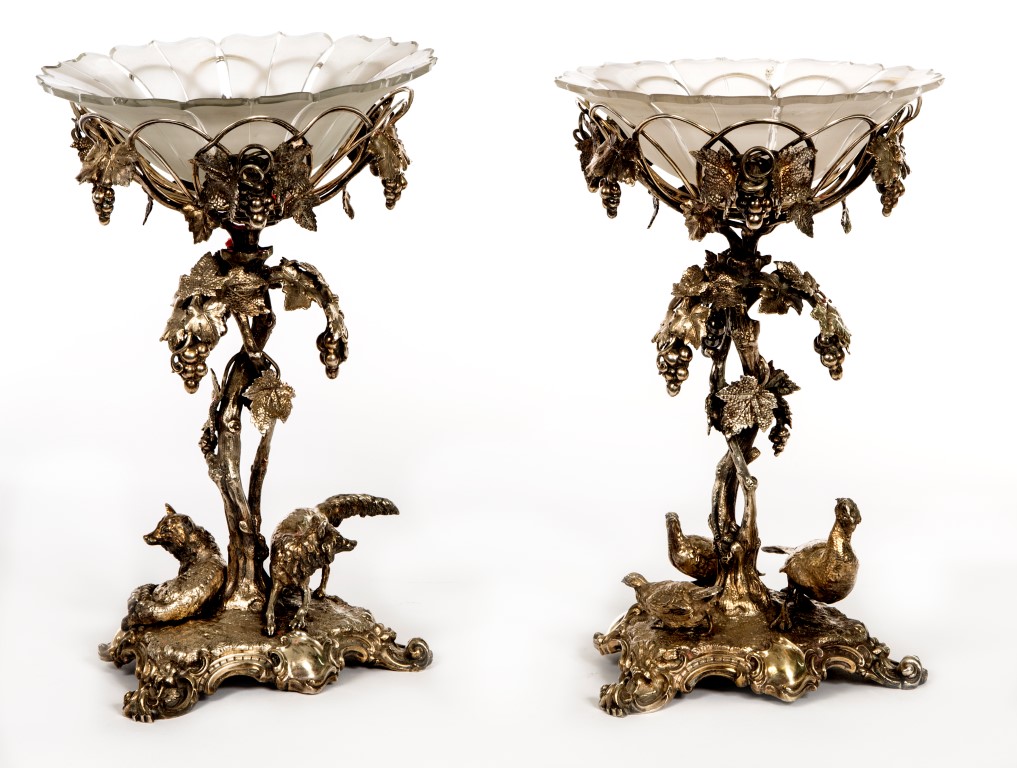 A FINE PAIR OF 19TH CENTURY SILVER-PLATE RUSTIC TABLE CENTRES