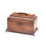 A GEORGE III PERIOD MAHOGANY CASKET-SHAPED TEA CADDY