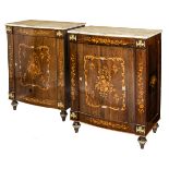 A VERY ATTRACTIVE PAIR OF BOW FRONTED ROSEWOOD AND MARQUETRY SIDE CUPBOARDS