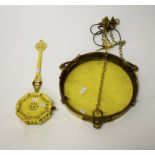 A CIRCULAR HEAVY BRASS AND AMBER GLASS CEILING OR DISH LIGHT, with three chain suspenders 15.5" (