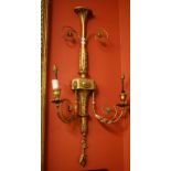 A PAIR OF 19TH CENTURY GILT TWO BRANCH GILT AND GESSO WALL LIGHTS, each with baluster shaped leaf-