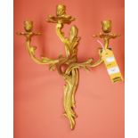 A PAIR OF HEAVY ROCOCO STYLE GILT-BRONZE THREE-BRANCH CANDLE SCONCES
