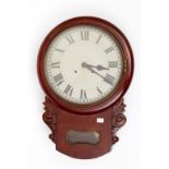 A VICTORIAN MAHOGANY DROP-DIAL WALL CLOCK, with circular painted dial with Roman numerals, and a