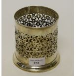 A PIERCED SILVER SYPHON STAND OR COASTER, Birmingham 1909, of cylindrical form with molded foot,