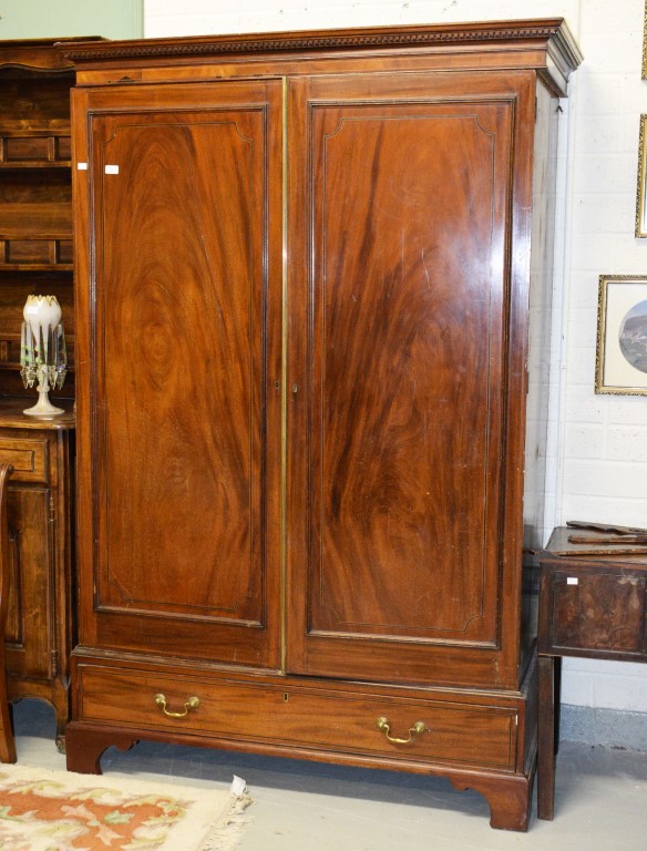 AN INLAID MAHOGANY WARDROBE, 19th century, the dentil-moulded cornice above two inlaid panelled