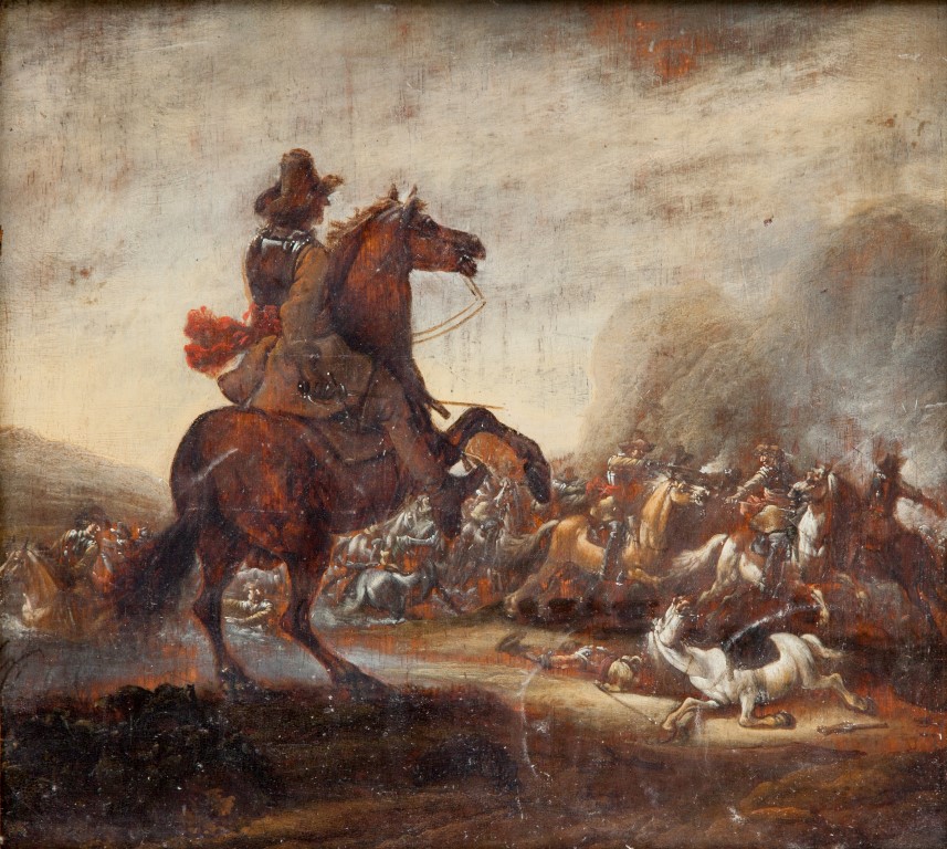 ATTRIBUTED TO PHILIPS WOUWERMAN, (Dutch, 1619-1668), 'A Crowded Battle Scene', O.O.P., 12.25" (31cm) - Image 2 of 2
