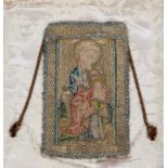 A VERY EARLY NEEDLEWORK PANEL, probably 16th century, worked in silk and metallic thread, in colours