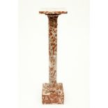 A very attractive grey, red, and white variegated marble plinth or torchère, the square top on a