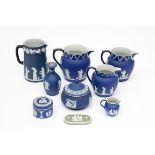 A COLLECTION OF MISCELLANEOUS BLUE AND WHITE WEDGEWOOD JASPER-WARE, comprising five various jugs