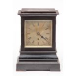 A VICTORIAN EBONISED FIVE GLASS TABLE TIME PIECE, with single fusee movement, with square brass dial