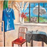 TADHG MCSWEENEY (B 1936), 'Cottage Interior, Still Life', showing a vase of flowers, cat, hanging