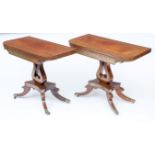 A FINE PAIR OF BRASS INLAID ROSEWOOD FOLD OVER CARD TABLES, each rectangular top with front