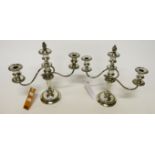 A PAIR OF ENGLISH SILVER PLATED CANDELABRA, by Bovier & Elis, each with two reeded scrolling arms,