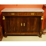 AN EMPIRE STYLE BRASS MOUNTED SIDE CUPBOARD, with grey veined marble top, above two frieze