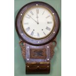 A 19TH CENTURY INLAID AND GRAINED ROSEWOOD DROP DIAL WALL CLOCK, with circular painted dial and