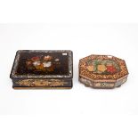 AN OCTAGONAL FLORAL DECORATED AND INLAID BOX, 19th century, 10.75" (27cm)w; together with a