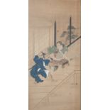 A LATE 19TH CENTURY JAPANESE SCHOOL, depicting two figures, one with mask, both with swords,