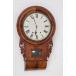 A GOOD VICTORIAN FIGURED MAHOGANY DROP DIAL WALL CLOCK, with circular painted dial, with Roman