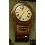 A 19TH CENTURY GRAINED ROSEWOOD AND INLAID DROP DIAL WALL CLOCK, with circular painted dial and