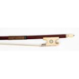 A FINE IVORY MOUNTED VIOLIN BOW, 19th century, probably French, unstamped, with round stick,