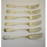 A SET OF SIX HEAVY CRESTE SILVER TABLE FORKS, all Irish, mid to early 19th century, 410g. (6)