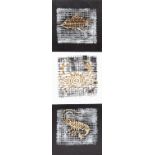 TWO PAIRS OF MODERN ABSTRACT PAINTINGS, all O.O.C., the larger pair in black, white and parcel gilt,