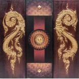 FIVE 20TH AND 21ST CENTURY THAI ABSTRACT TRIPTYCH PANELS, some decorated in high relief in gilt