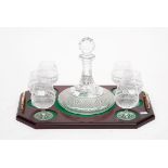 A SET OF SIX GALWAY CRYSTAL BRANDY BALLOONS, together with a ships brandy decanter and stopper, on a