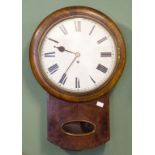 A PLAIN MAHOGANY DROP DIAL WALL CLOCK, 19th century, the circular painted dial with Roman